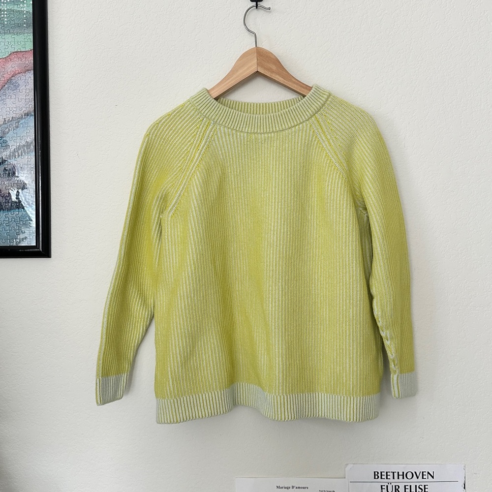 LANDS' END DRIFTER LIME GREEN CHARTREUSE CHUNKY RIB KNIT COTTON CREWNECK SWEATER